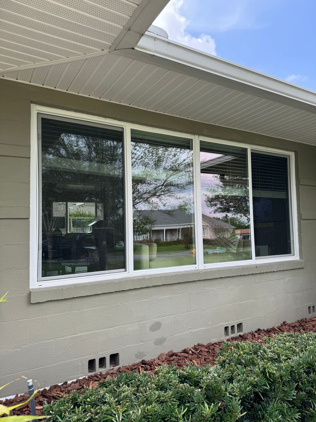 Modern home window reflecting greenery and blue sky, showcasing exterior architecture.