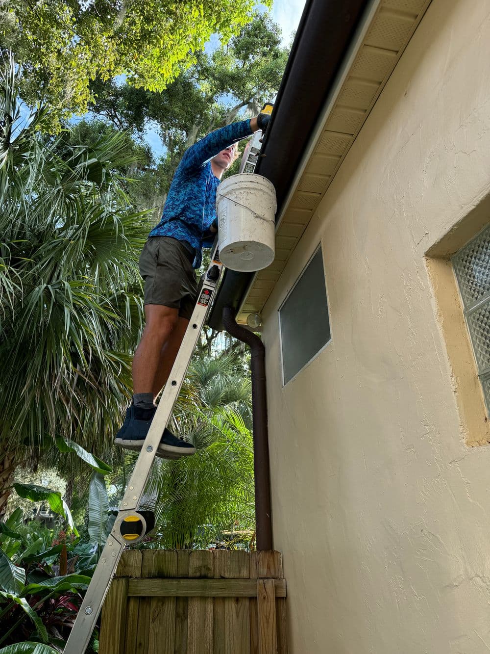 Person on a ladder cleaning gutters with a bucket in a lush garden setting.